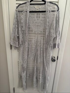 Rachel Zoe Sheer Lace-Embroidered Duster in Light Gray